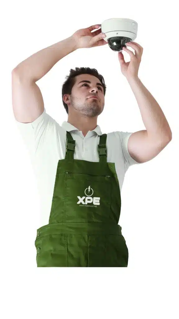 Electrician from Xmart Power Electric installing a dome security camera, wearing a green uniform.