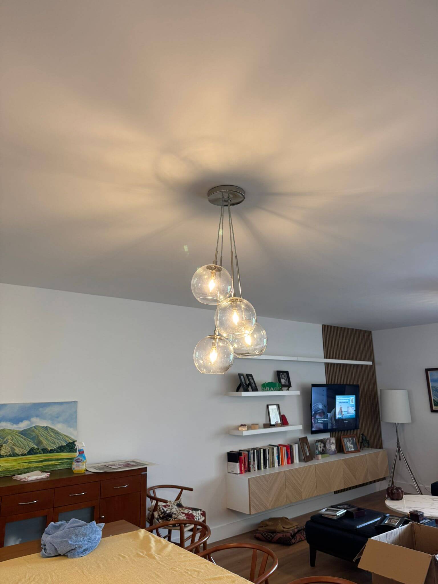 Flush-mounted ceiling light fixture installed in a modern residential living space – electrical lighting upgrade.