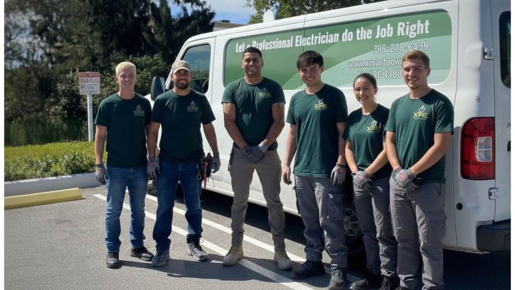 A professional team of six smiling electricians in green uniforms standing in front of a white service van with company branding.