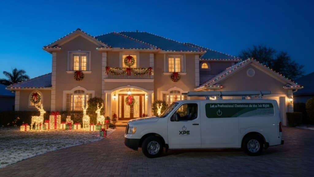 Professional residential Christmas lighting installation with a branded electrician van.