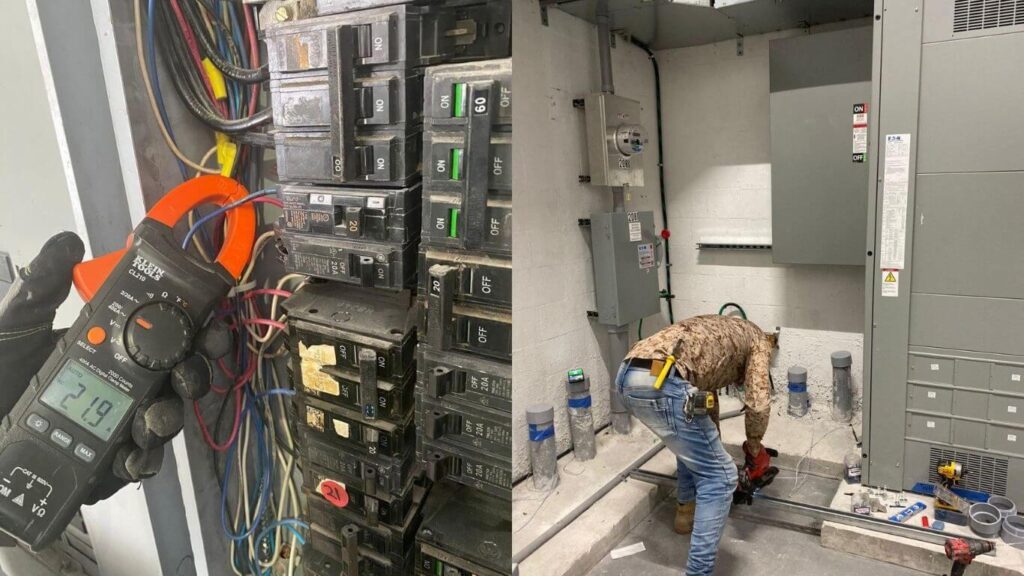 Professional electrical troubleshooting using a digital clamp meter for amperage testing in a commercial breaker panel.