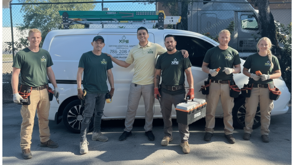 A diverse team of six service technicians in green and yellow uniforms posing in front of a white work van with ladders and equipment.
