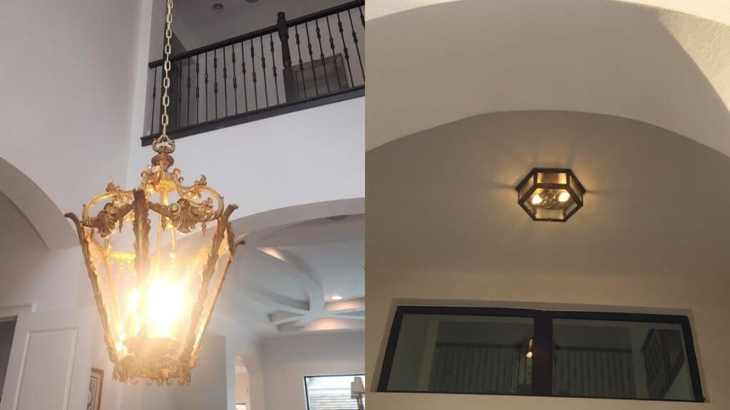 Installation of an ornate gold chandelier and modern geometric ceiling fixture in a luxury residential foyer.