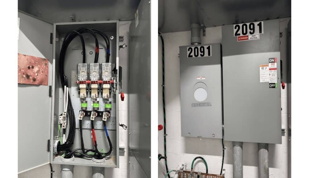 Industrial electrical service panel with high-voltage feeders, main disconnect, and professional conduit termination.