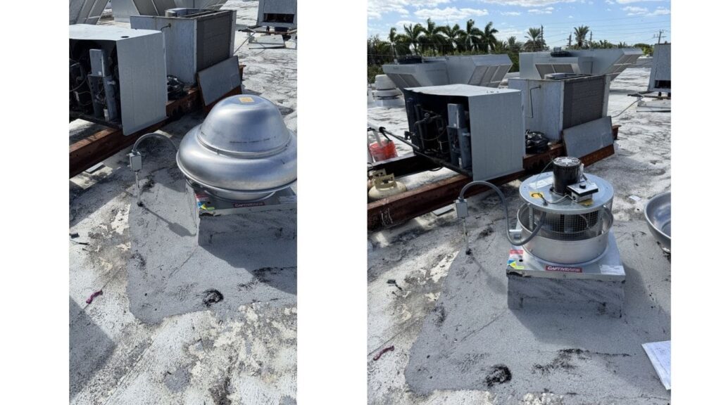 Commercial rooftop HVAC installation featuring CaptiveAire exhaust fans and industrial condensing units.