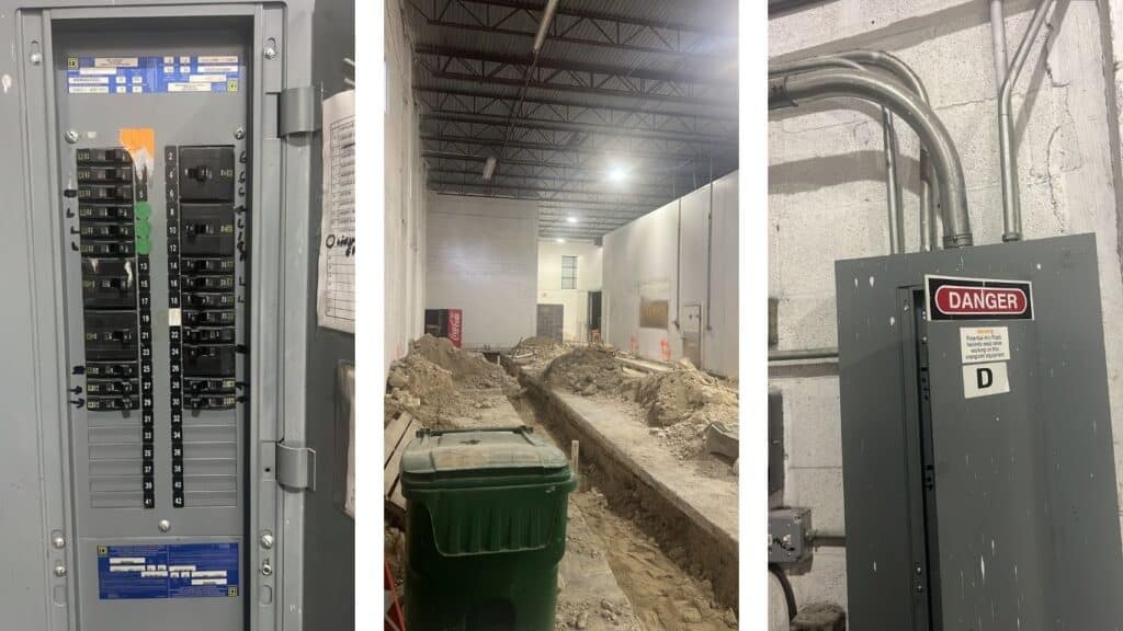 Commercial electrical panel with labeled circuit breakers, industrial conduit installation, and interior trenching for underground utilities.