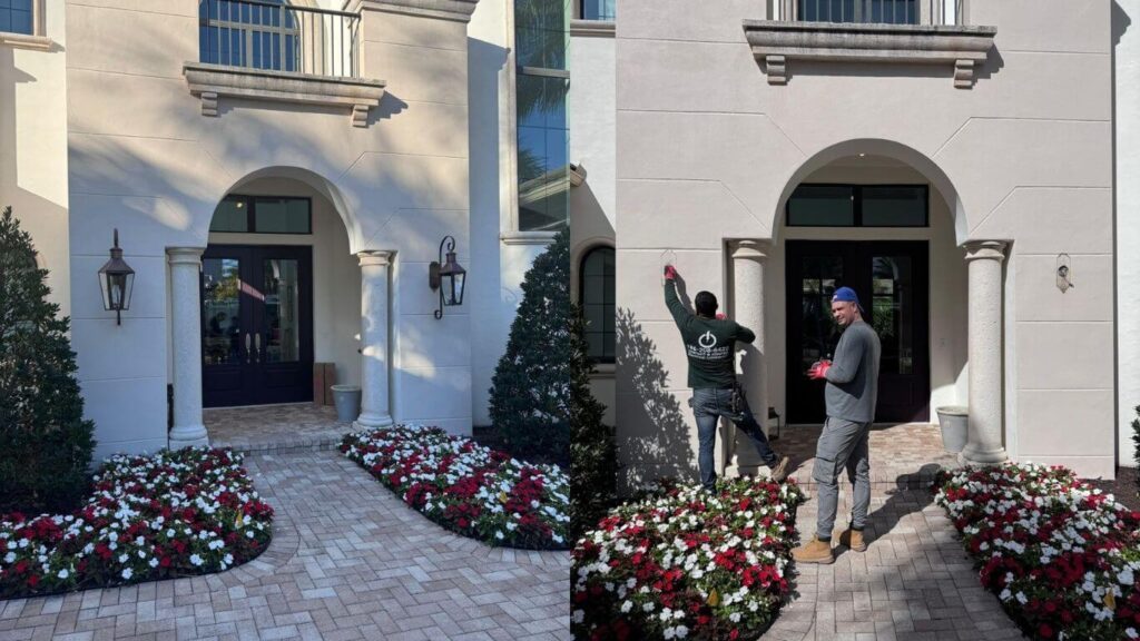 Before and after view of a luxury residential entrance featuring professional installation of decorative outdoor wall lanterns.