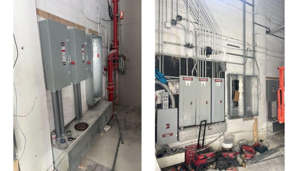 Commercial electrical room installation featuring heavy-duty safety switches, main distribution panels, and complex EMT conduit runs.