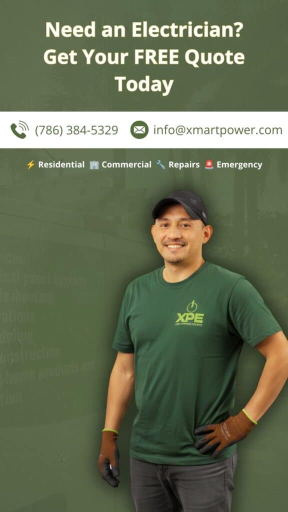 Licensed electrician from Xmart Power offering residential and commercial electrical services in Miami, FL. Get a free quote for electrical repairs, installations, upgrades, and emergency electrical services.